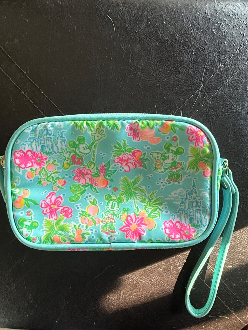 Lilly Pulitzer Aqua Floral Mickey Wristlet with Pink & Green Accents